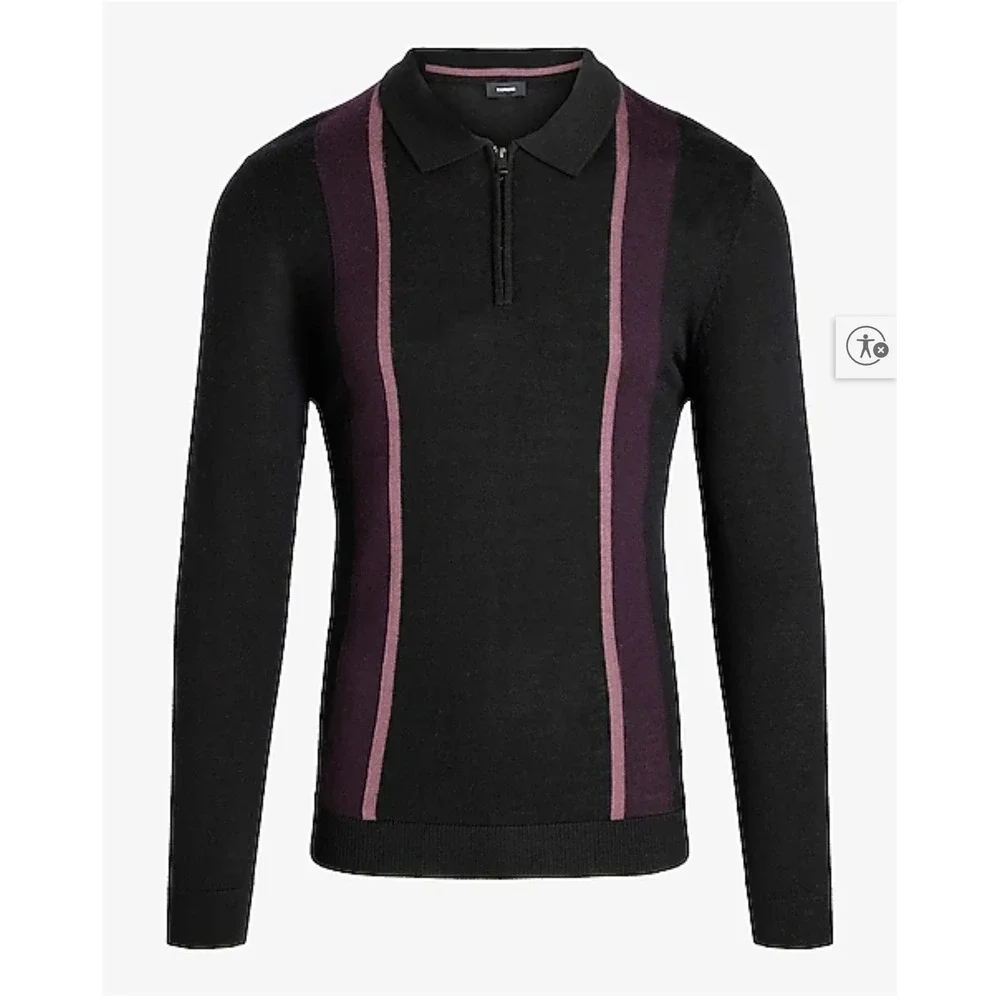 Express 100% Merino Wool Quarter Zip Polo Sweater Black Purple Stripe Medium